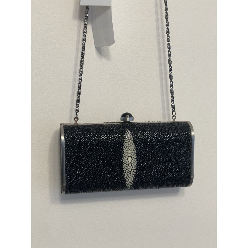 Vintage Franchi Stingray Leather Purse Clutch Black Shoulder Hard Shell $295 New